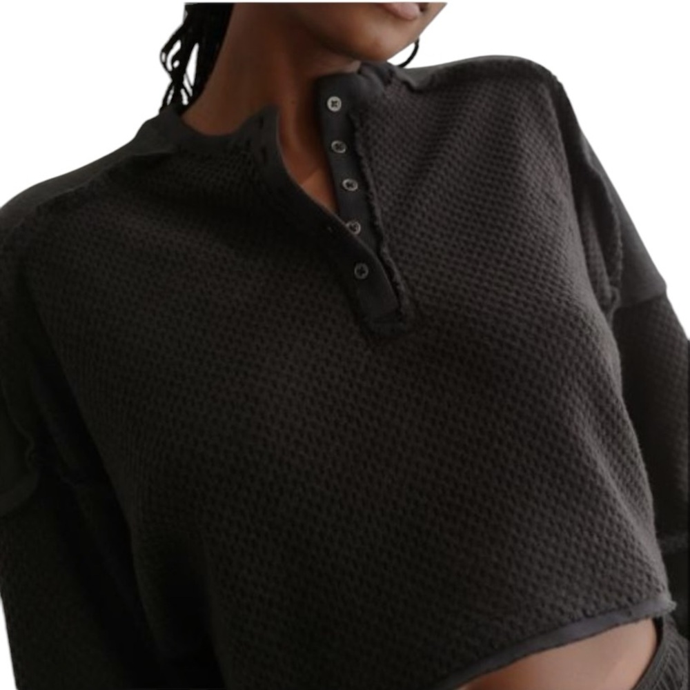 Urban Outfitters UO Out From Under Mel Cozy Pieced Henley Top Black S - Picture 13 of 14